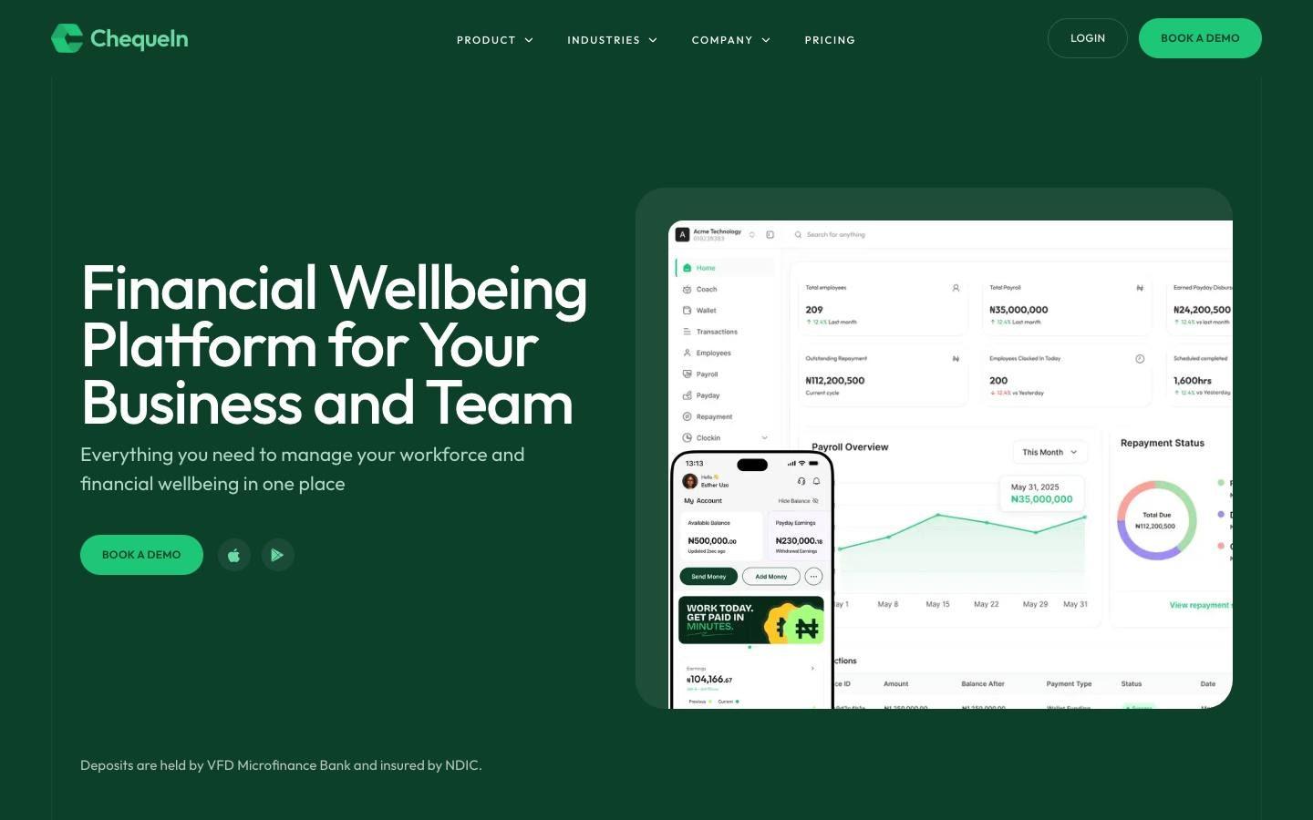 ChequeIn homepage with the employer dashboard and mobile app previews