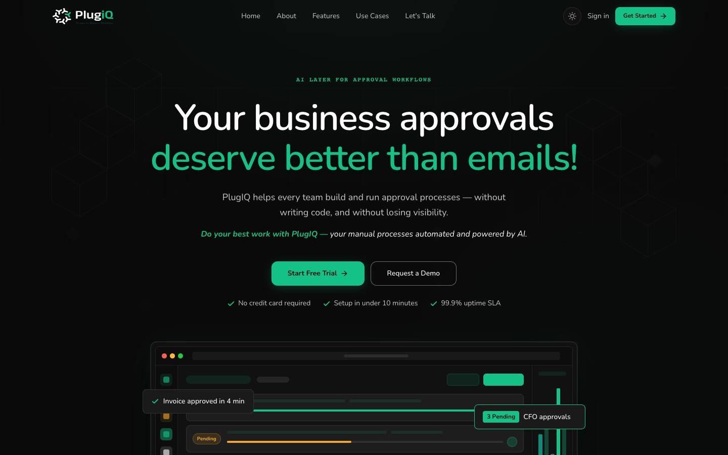 PlugIQ homepage, Your business approvals deserve better than emails