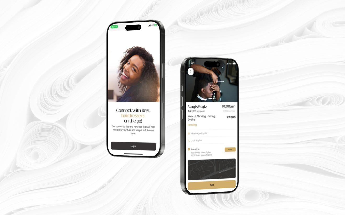 Two phones showing the Stylist Piazza booking app