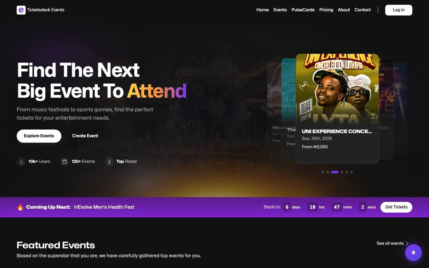 Ticketsdeck Events homepage with the event carousel and a countdown to the next event